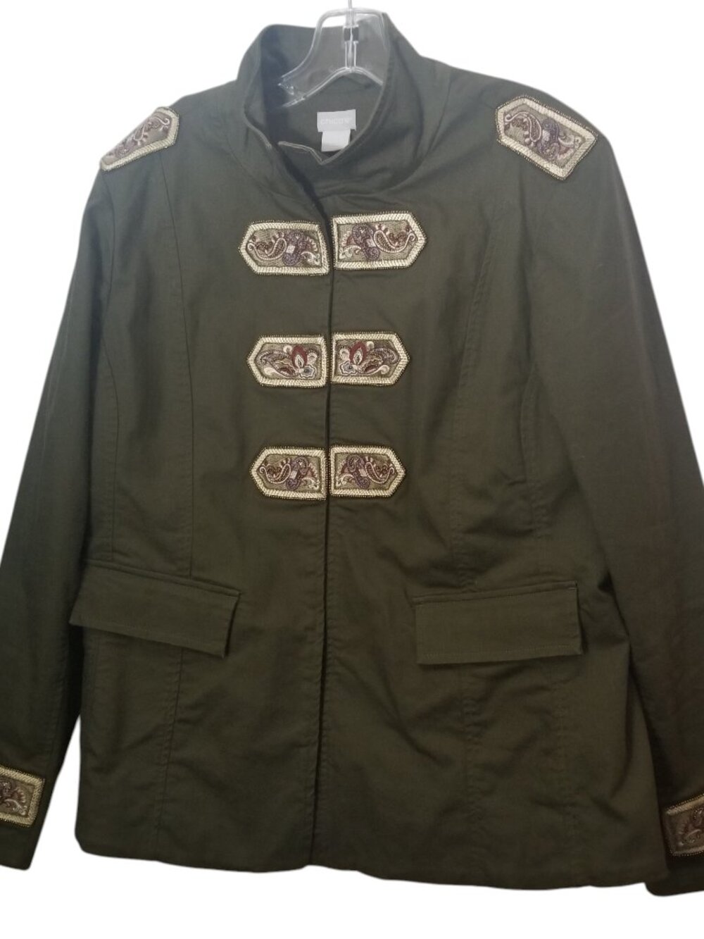 Chico's Forest Green Women's Cotton Blend Military Jacket Sz 2 Us (12/14)